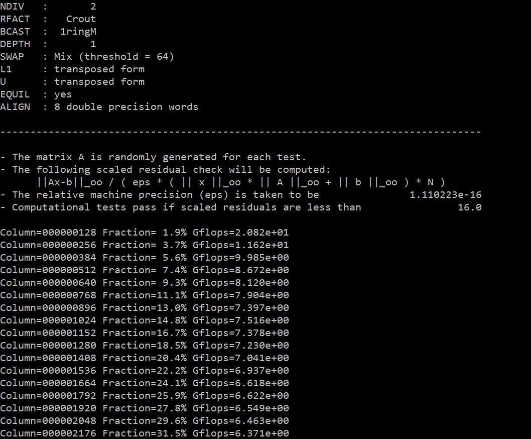 HPL run start — N=6912, P=6, Q=6, all 9 nodes